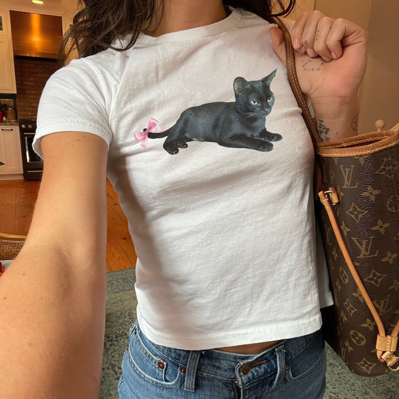 Baby Y2K Clothing - Cat With Bow Preppy Baby Tee